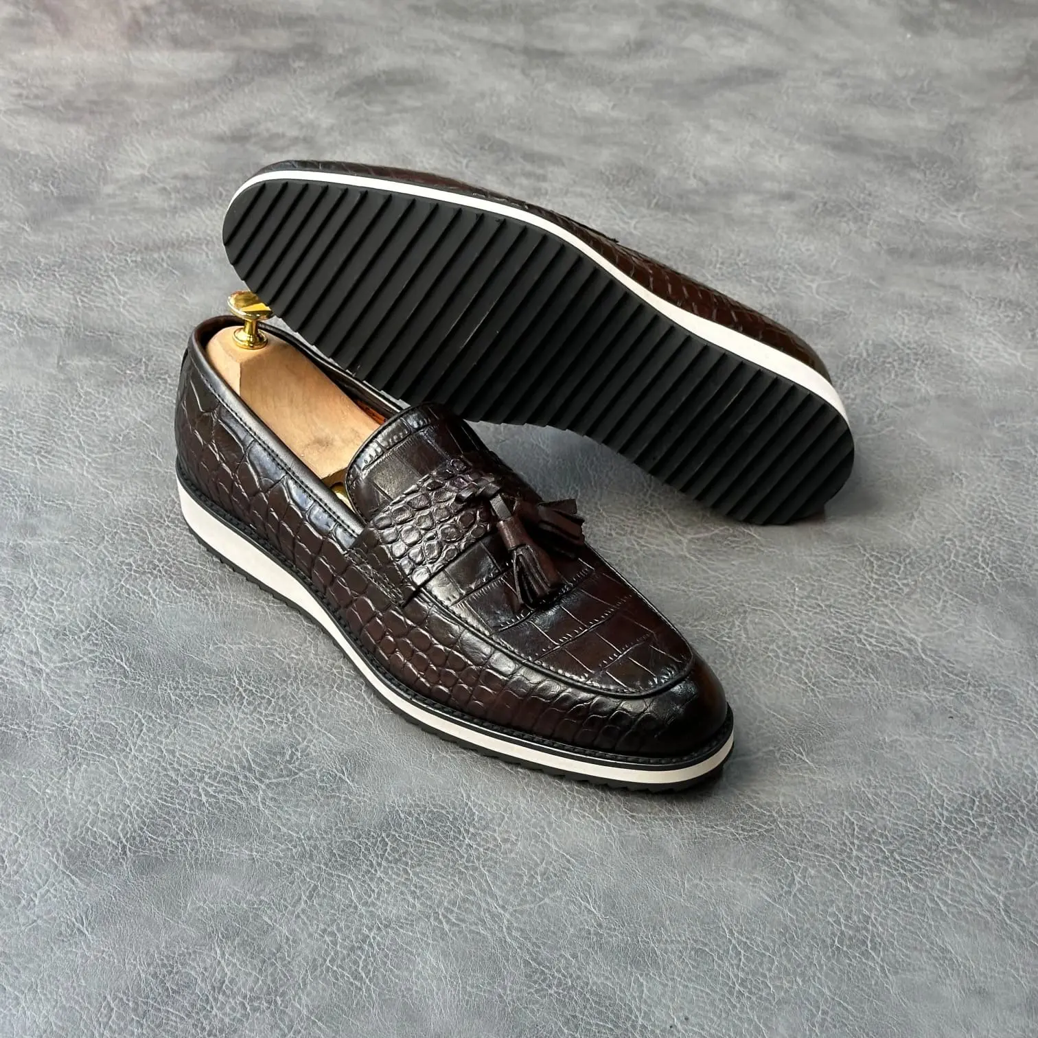 John Foster Brown Croc Tassel Loafers